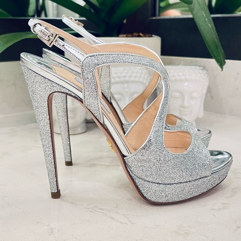 PRADA SILVER GLITTER STRAP PLATFORM SHOES - Picture 9 of 13